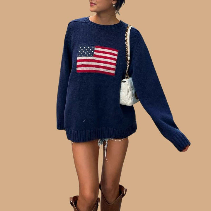 Women’s Blue Jumper with American Flag Graphic and Long Sleeves