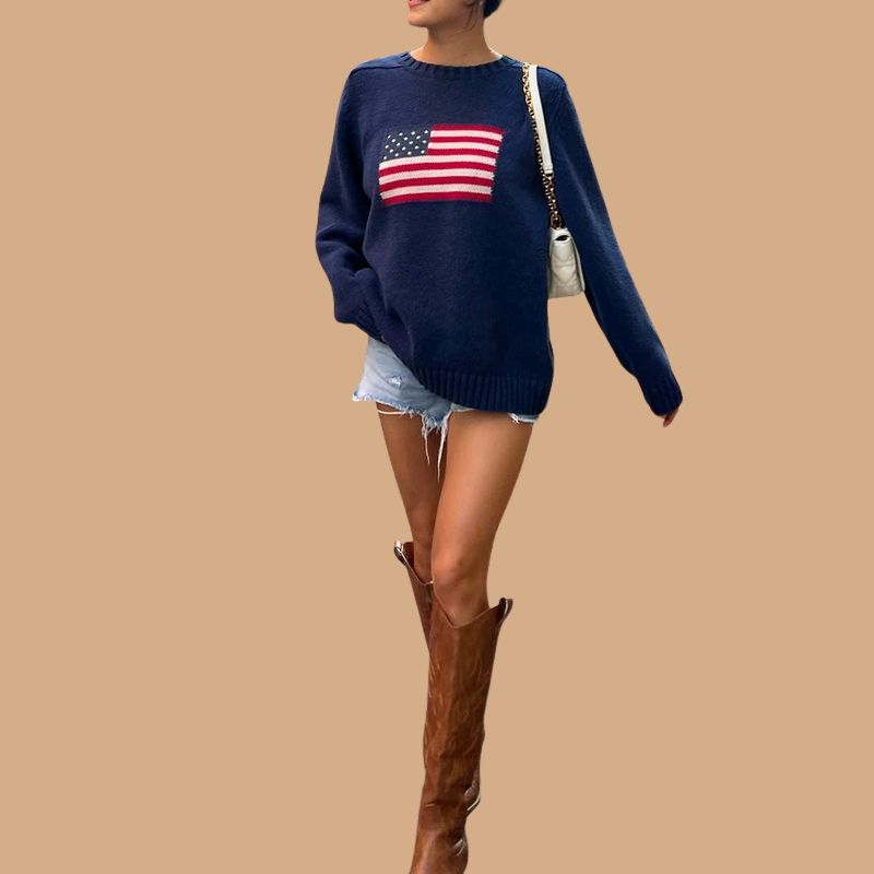 Women’s Blue Jumper with American Flag Graphic and Long Sleeves
