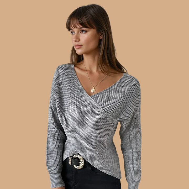 Women’s Grey Jumper with Wrap-Front and V-Neck