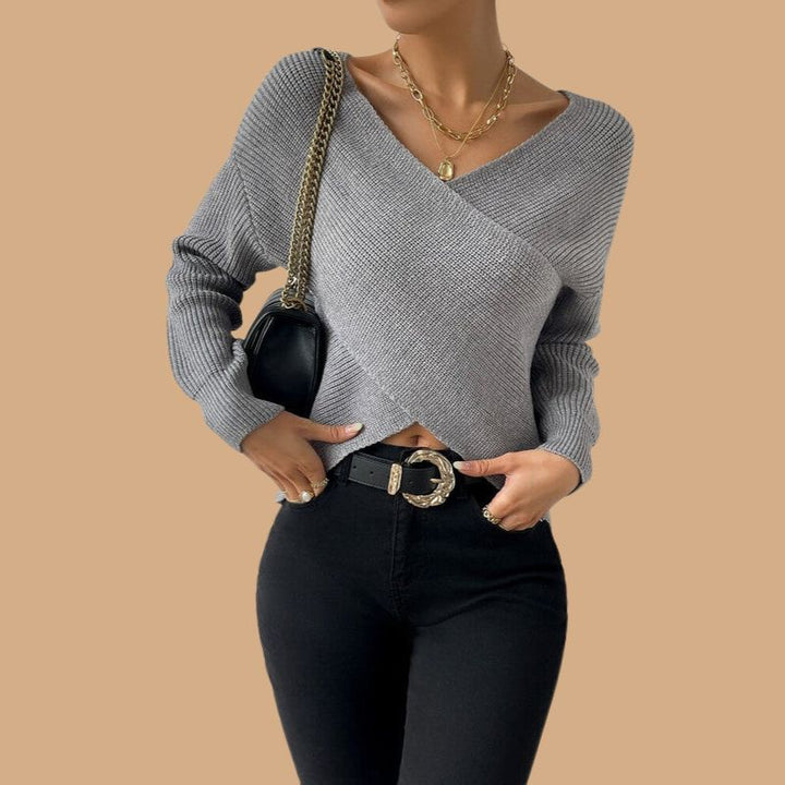 Women’s Grey Jumper with Wrap-Front and V-Neck