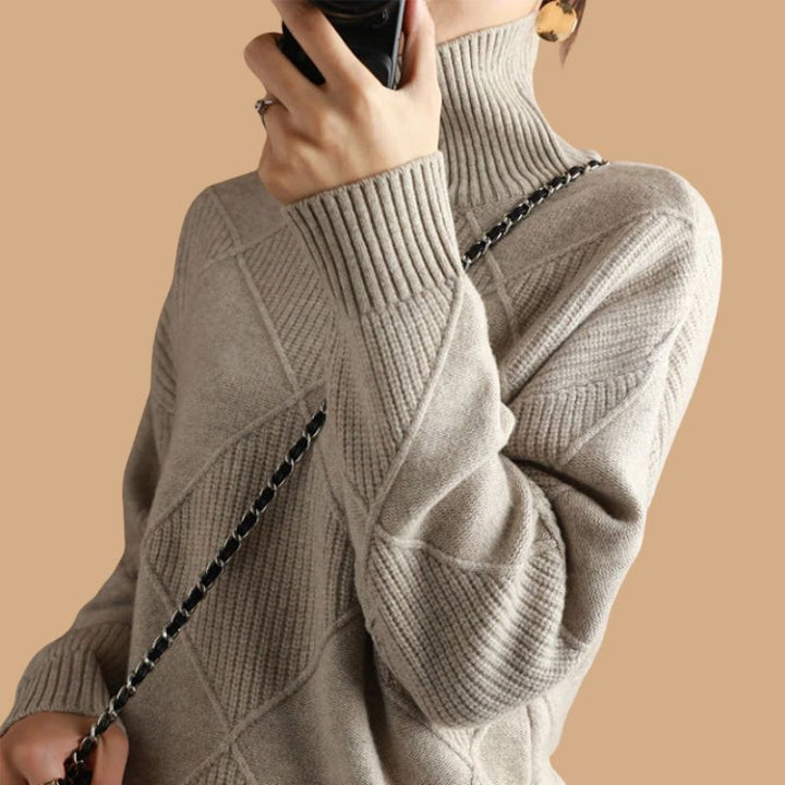 Women’s Jumper with Diamond Knit Pattern and Roll Neck