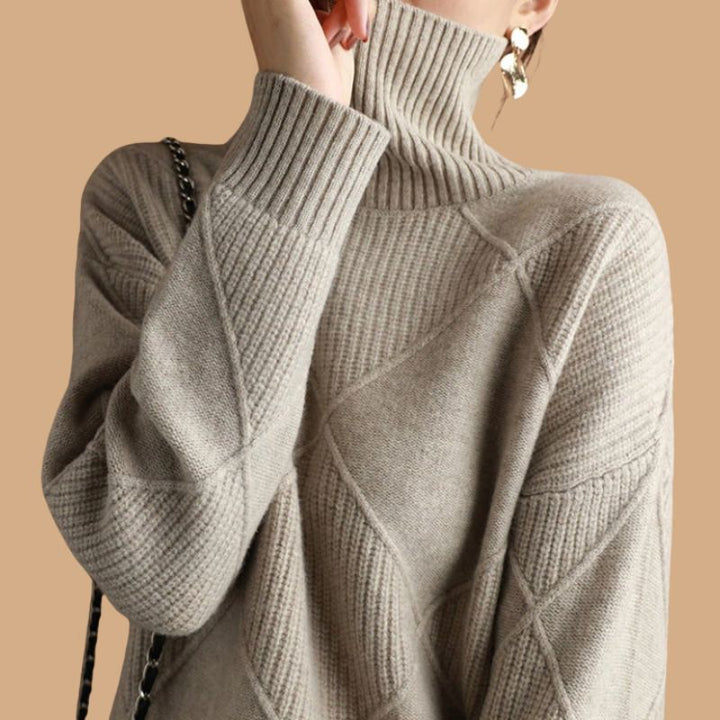 Women’s Jumper with Diamond Knit Pattern and Roll Neck