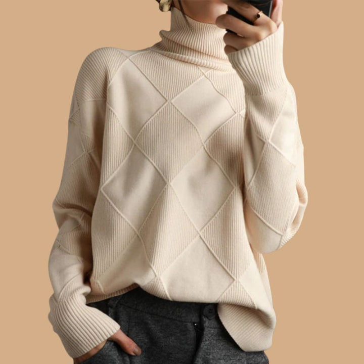 Women’s Jumper with Diamond Knit Pattern and Roll Neck