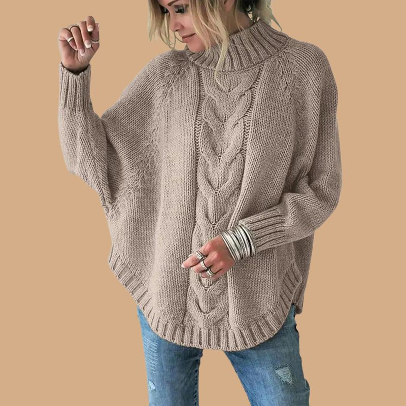 Women’s Jumper with Funnel Neck and Cable Knit Pattern