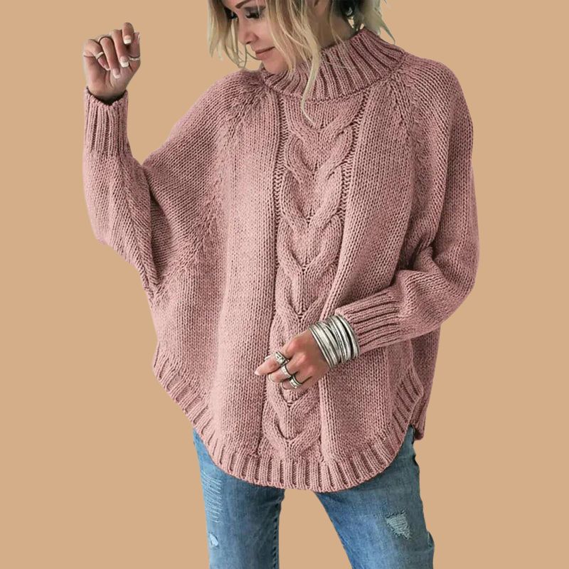 Women’s Jumper with Funnel Neck and Cable Knit Pattern