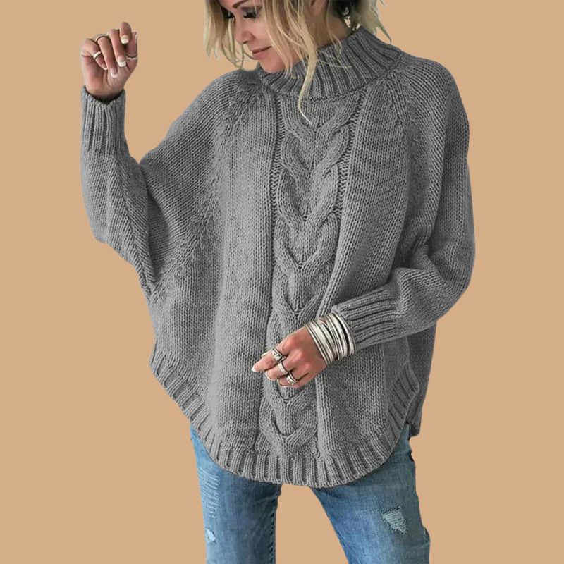 Women’s Jumper with Funnel Neck and Cable Knit Pattern