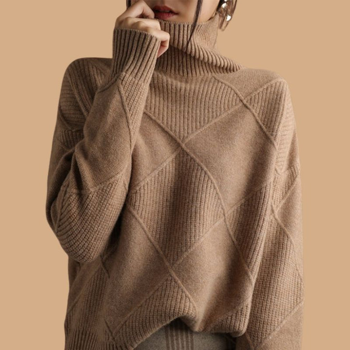 Women’s Jumper with Roll Neck and Diamond Knit Pattern