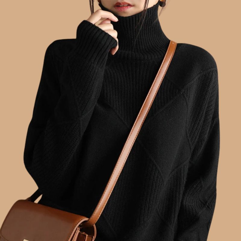 Women’s Jumper with Roll Neck and Diamond Knit Pattern
