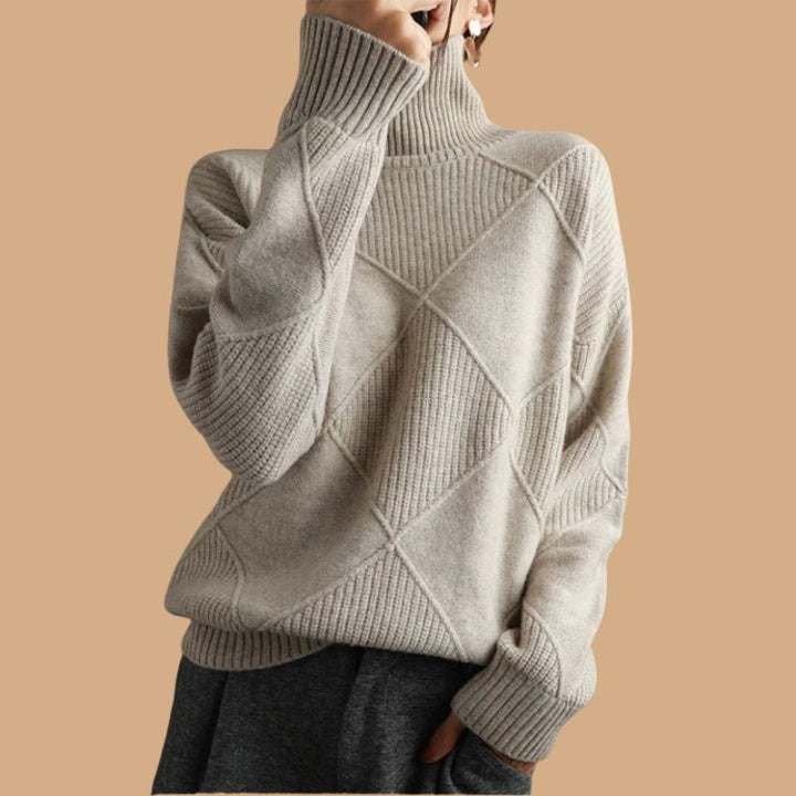Women’s Jumper with Roll Neck and Diamond Knit Pattern