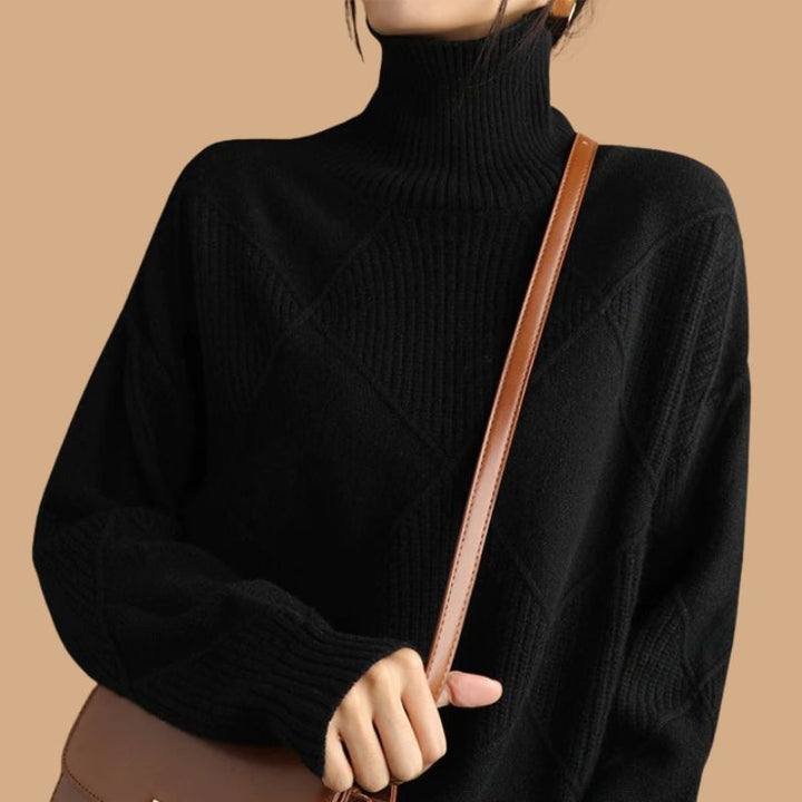 Women’s Jumper with Roll Neck and Diamond Knit Pattern