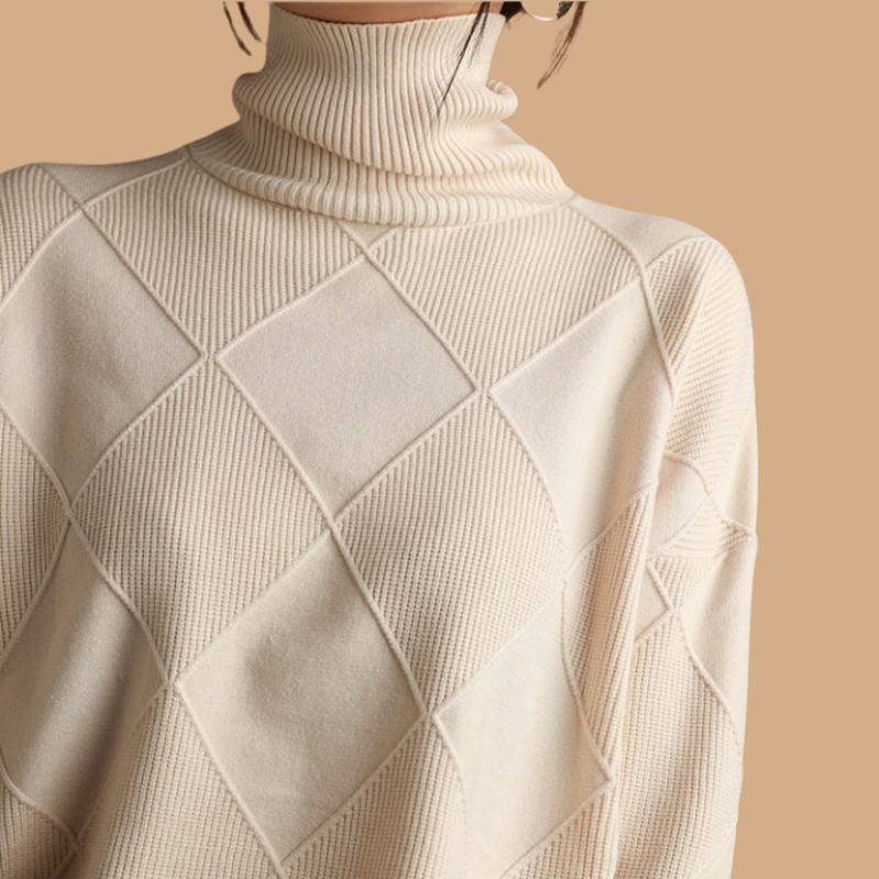 Women’s Jumper with Roll Neck and Diamond Knit Pattern