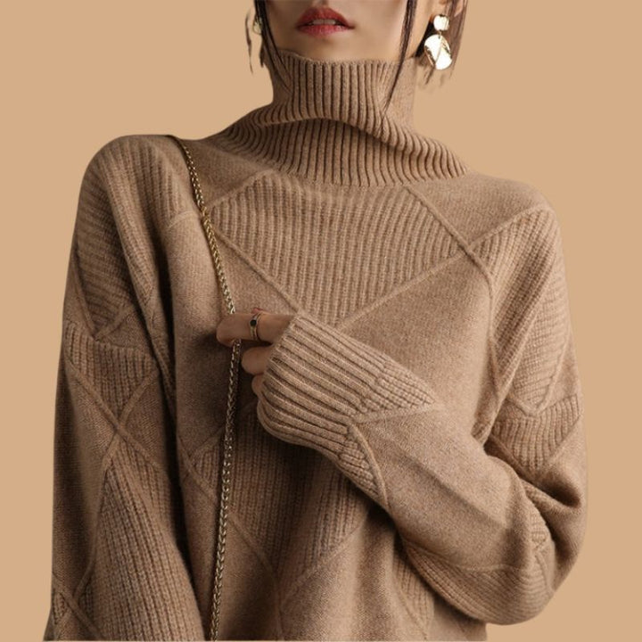 Women’s Jumper with Roll Neck and Diamond Knit Pattern