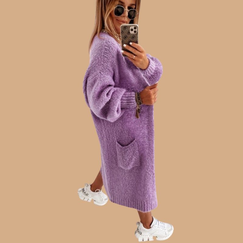 Women’s Long Knitted Cardigan with Open Front and Pockets