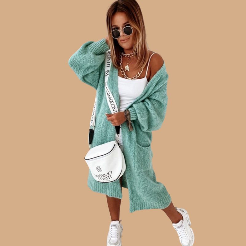 Women’s Long Knitted Cardigan with Open Front and Pockets