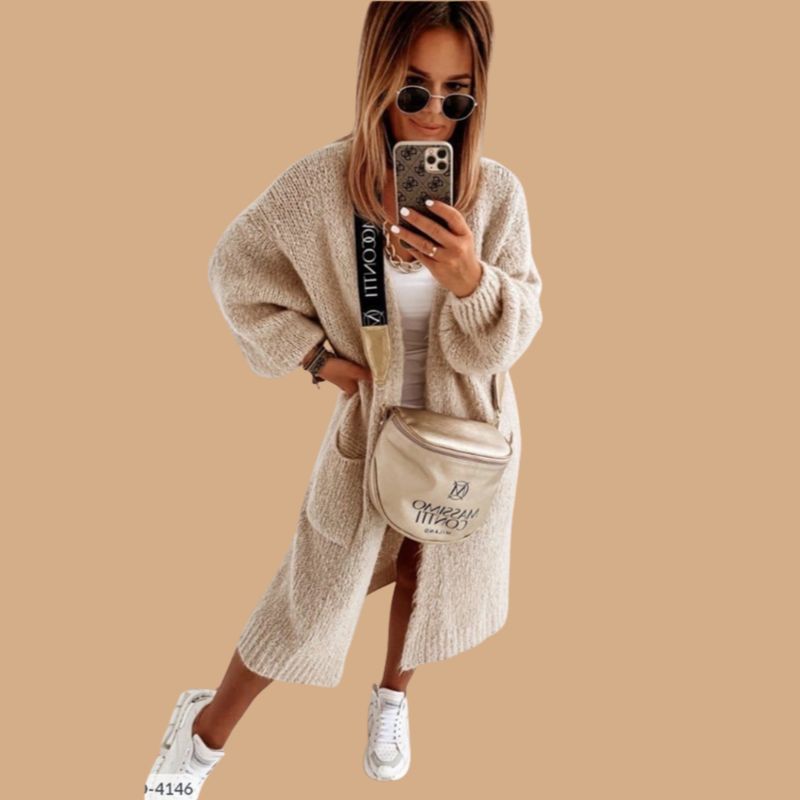 Women’s Long Knitted Cardigan with Open Front and Pockets