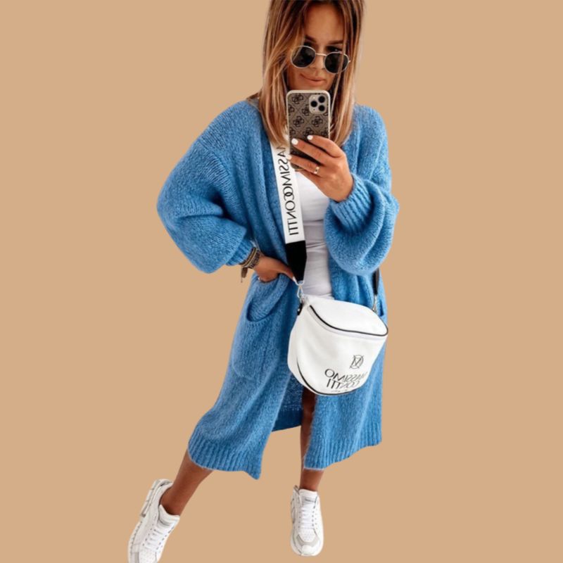 Women’s Long Knitted Cardigan with Open Front and Pockets