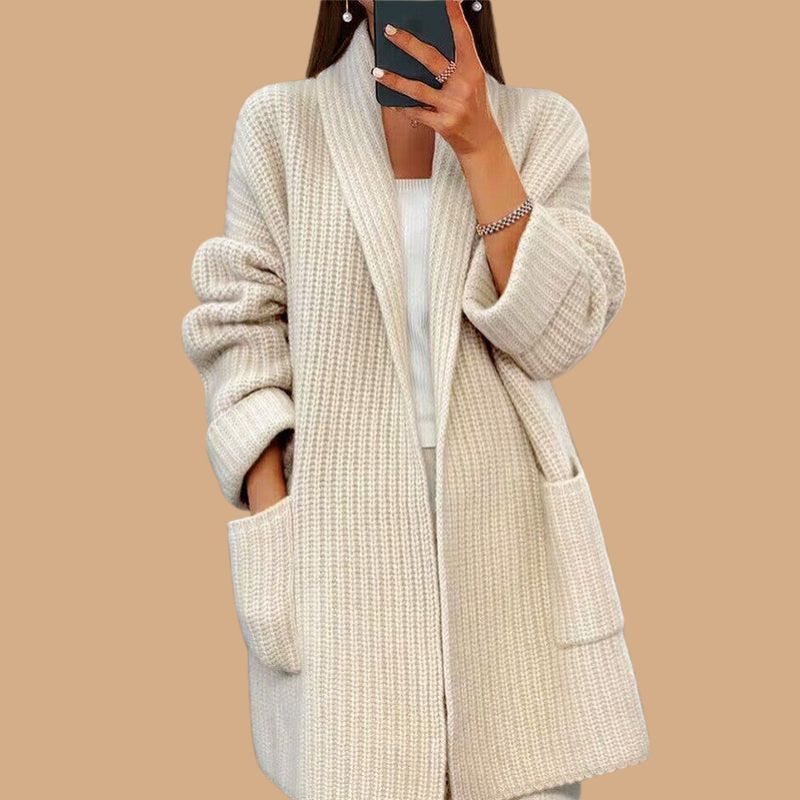 Women’s Long Knitted Cardigan with V-Neckline and Ribbed Hem