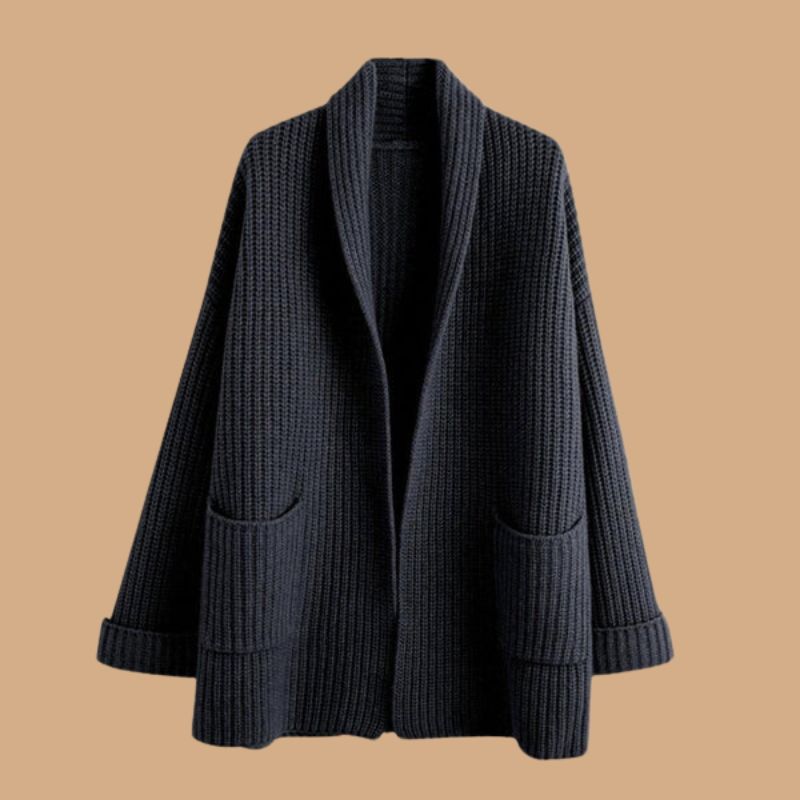Women’s Long Knitted Cardigan with V-Neckline and Ribbed Hem
