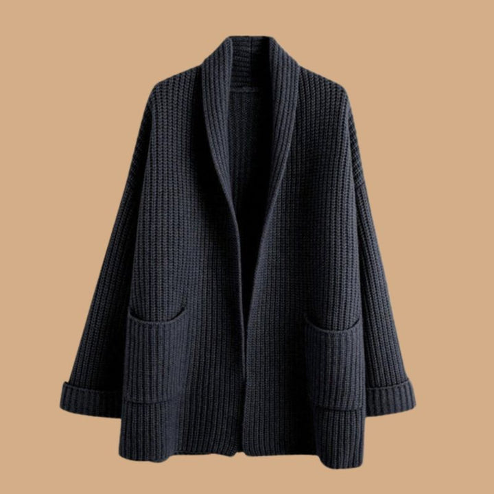 Women’s Long Knitted Cardigan with V-Neckline and Ribbed Hem