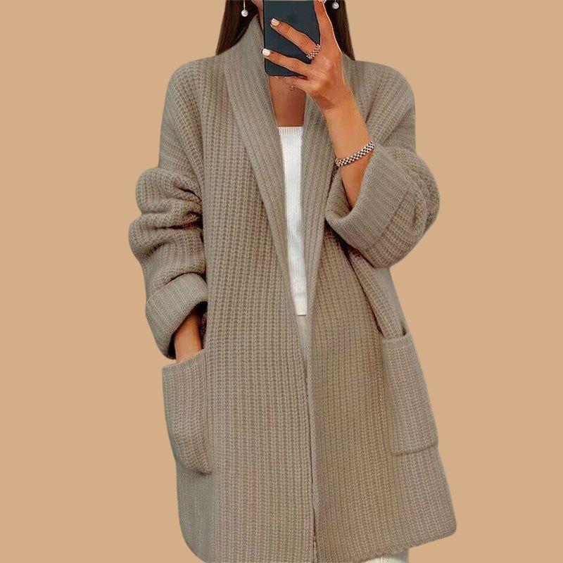 Women’s Long Knitted Cardigan with V-Neckline and Ribbed Hem