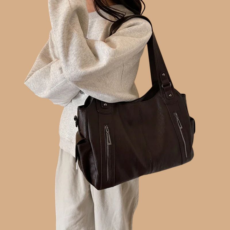 Women’s Shoulder Bag with Multi-Pocket Design and Zip Details