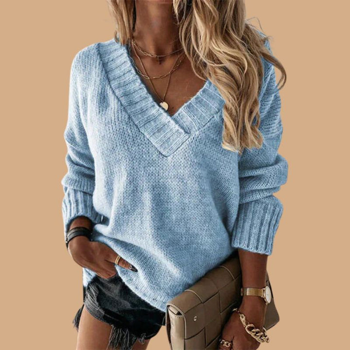 Women’s V-Neck Jumper with Ribbed Cuffs and Balloon Sleeves