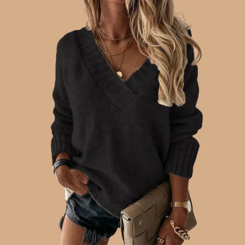 Women’s V-Neck Jumper with Ribbed Cuffs and Balloon Sleeves