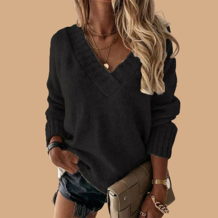 Women’s V-Neck Jumper with Ribbed Cuffs and Balloon Sleeves