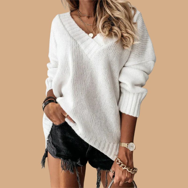 Women’s V-Neck Jumper with Ribbed Cuffs and Balloon Sleeves