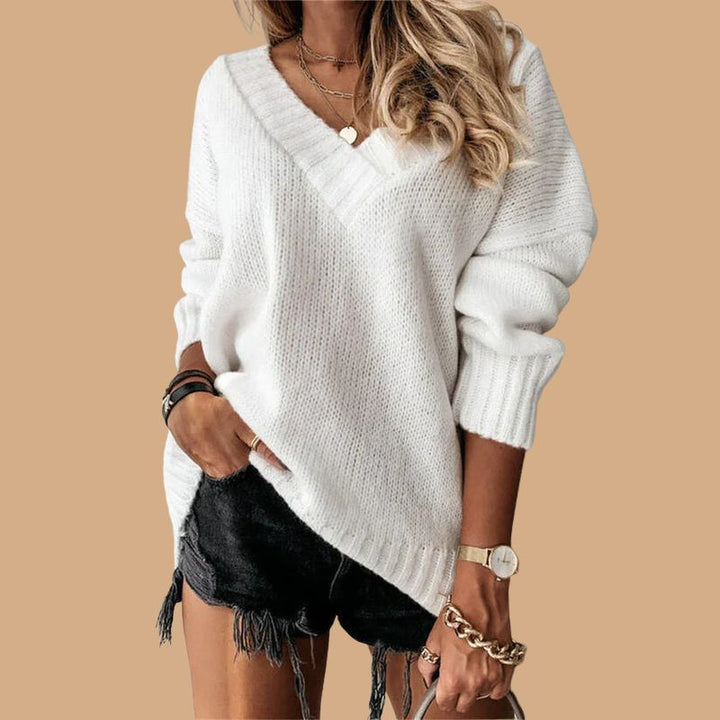 Women’s V-Neck Jumper with Ribbed Cuffs and Balloon Sleeves