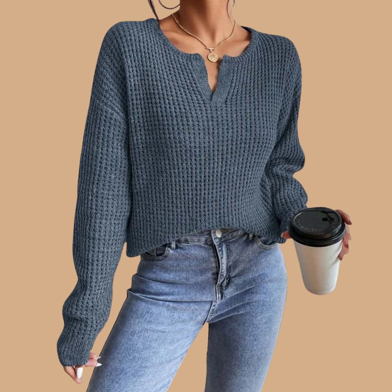 Women’s V-Neck Jumper with Ribbed Pattern and Cropped Length