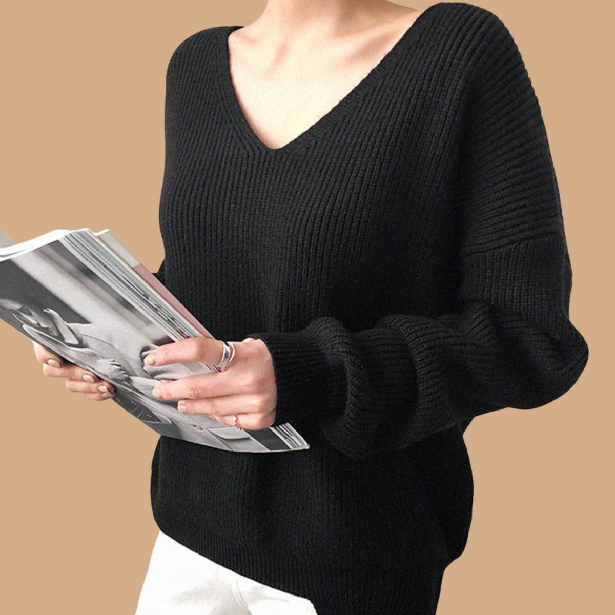 Women’s V-Neck Knit Jumper with Ribbed Design and Long Sleeves