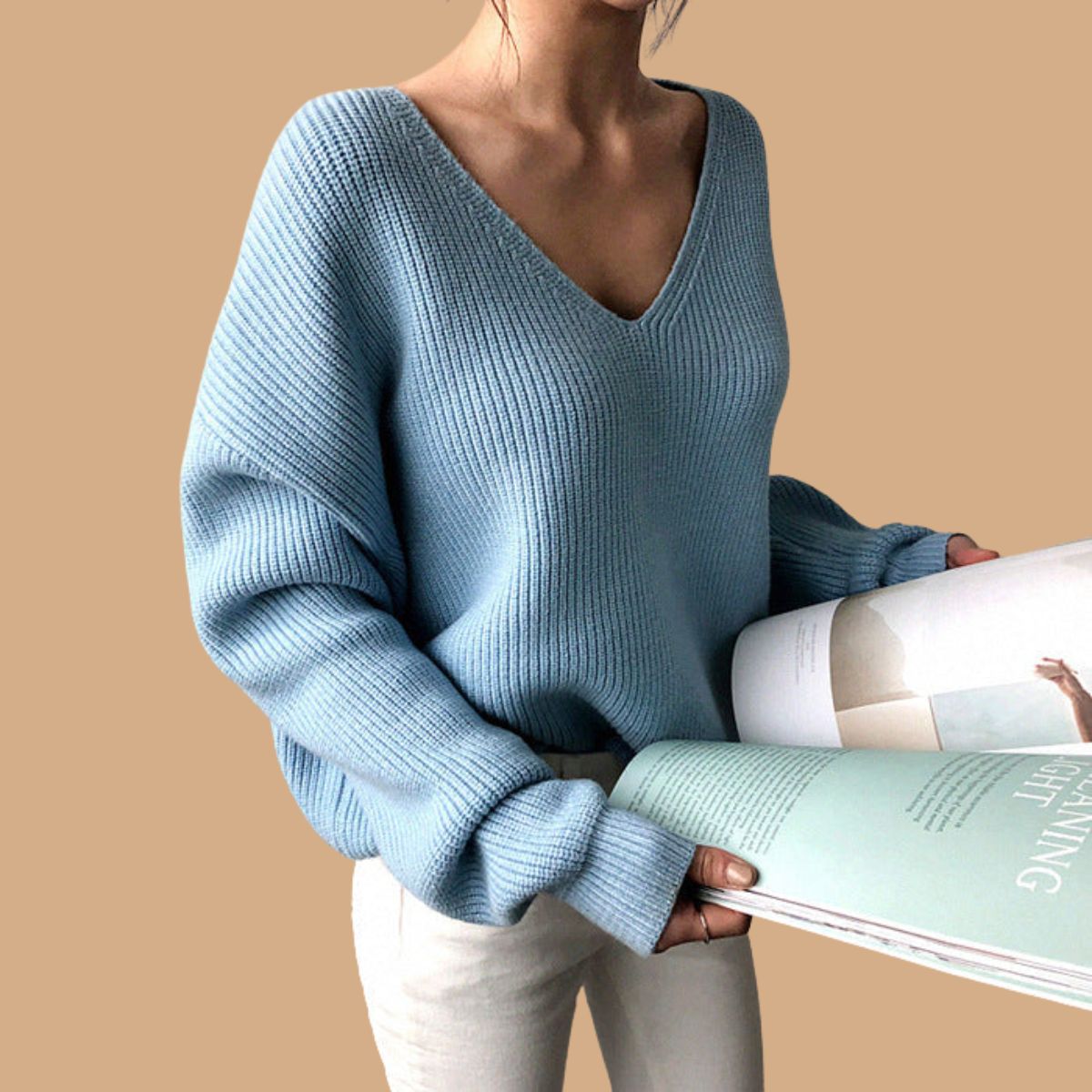 Women’s V-Neck Knit Jumper with Ribbed Design and Long Sleeves