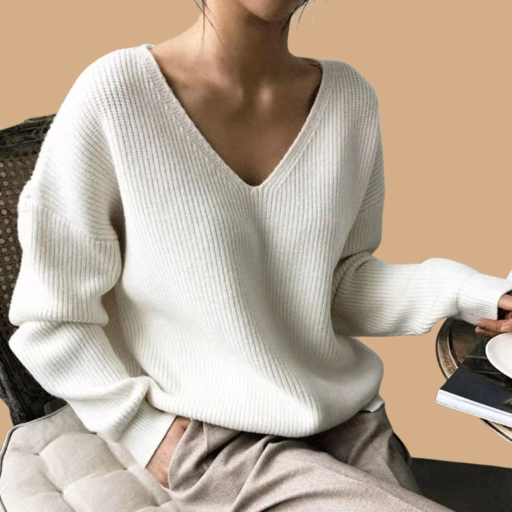 Women’s V-Neck Knit Jumper with Ribbed Design and Long Sleeves