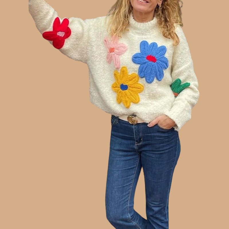 Women’s White Jumper with Knit Design and 3D Floral Appliqués