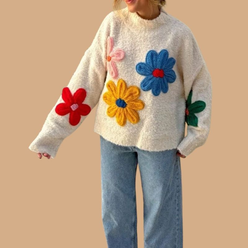 Women’s White Jumper with Knit Design and 3D Floral Appliqués