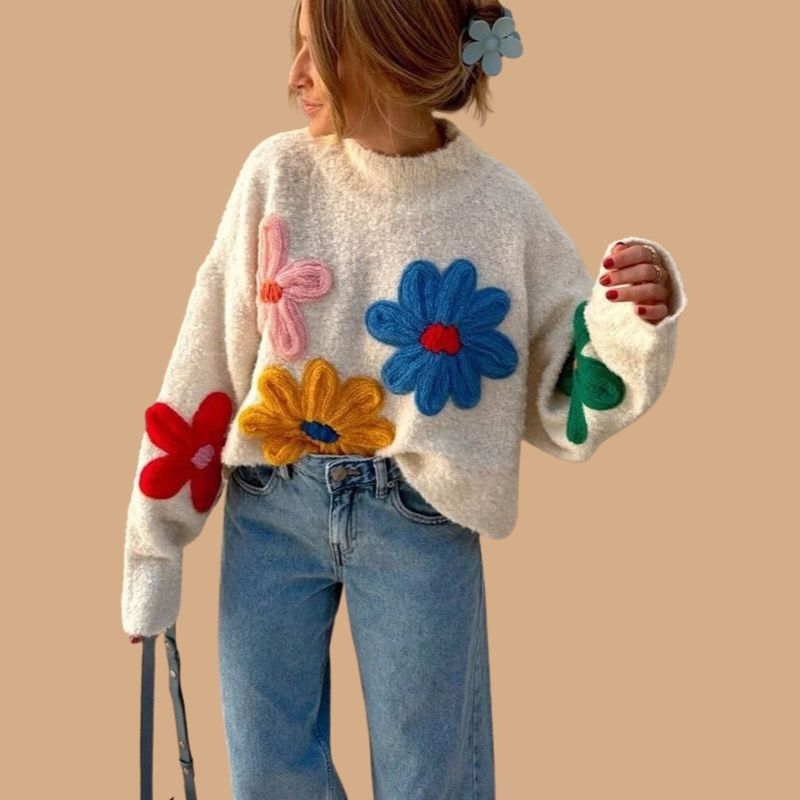 Women’s White Jumper with Knit Design and 3D Floral Appliqués